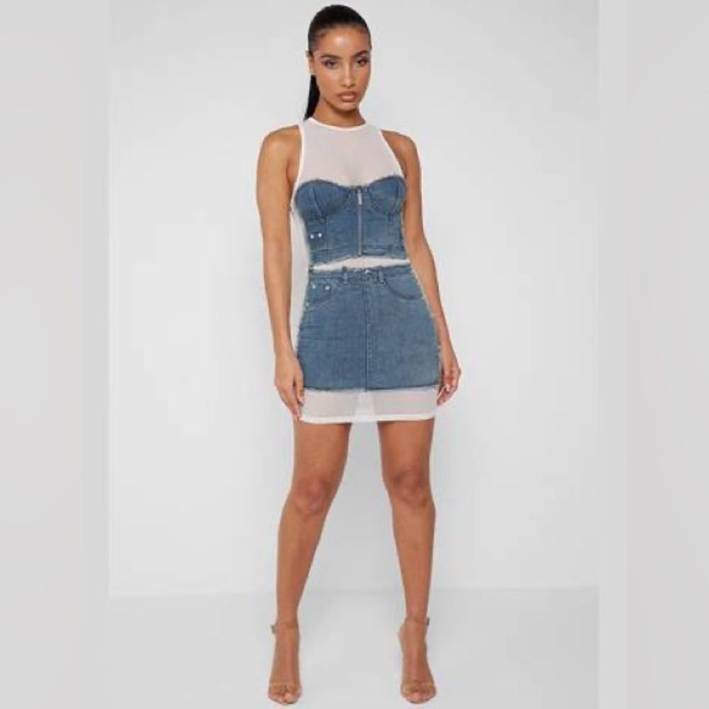 Maniere De Voir Denim and Sheer White Mini Dress